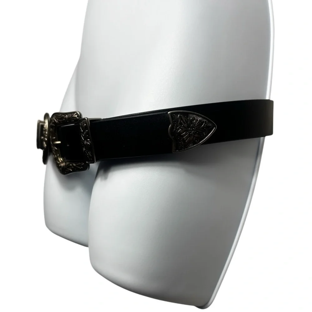 Statement Belt Unbranded Double Buckle Western Belt One Size Black Silver